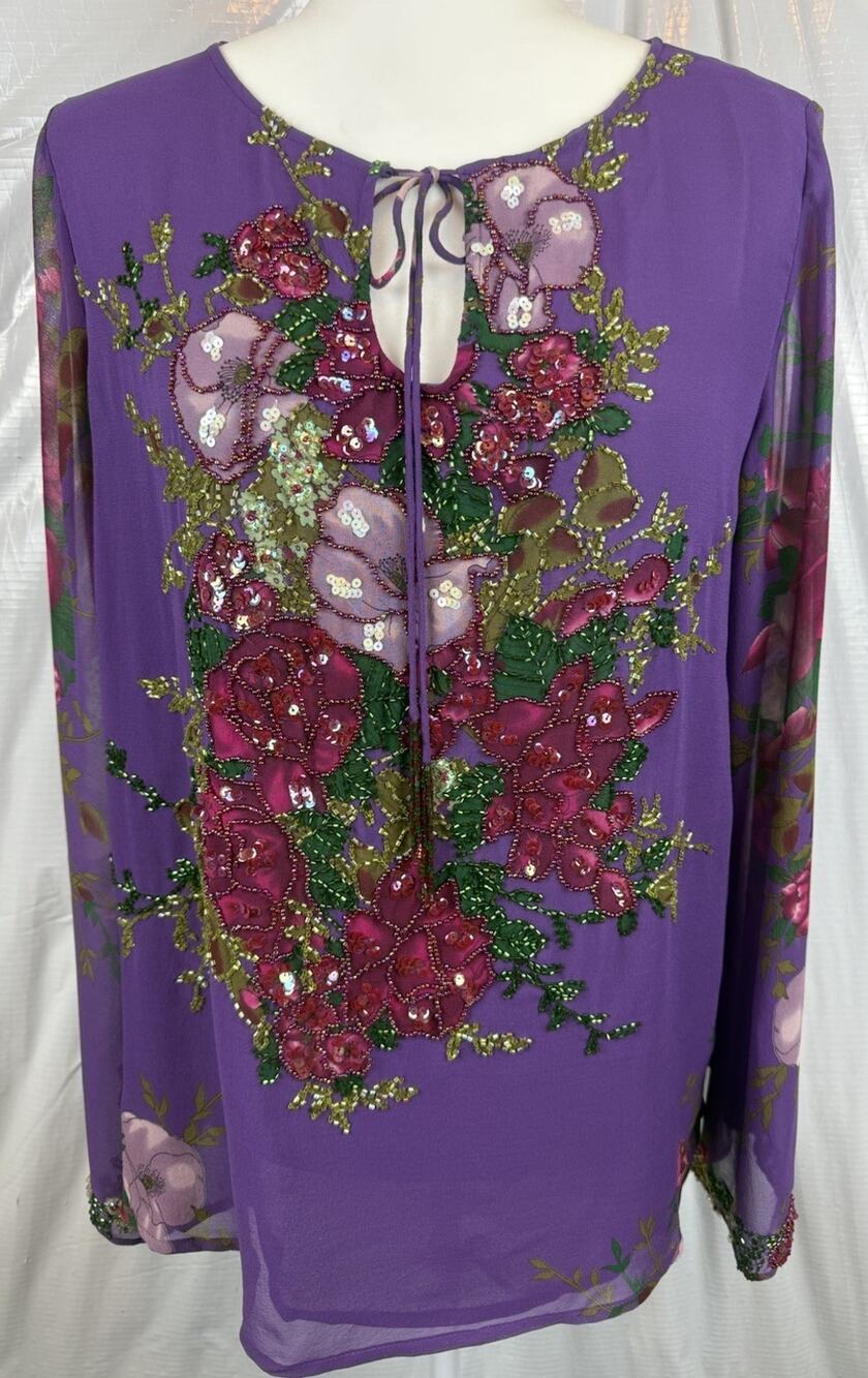 Vtg 90s Diane Gilman 100% Silk Beaded Floral Blouse Purple Sequin Top Small